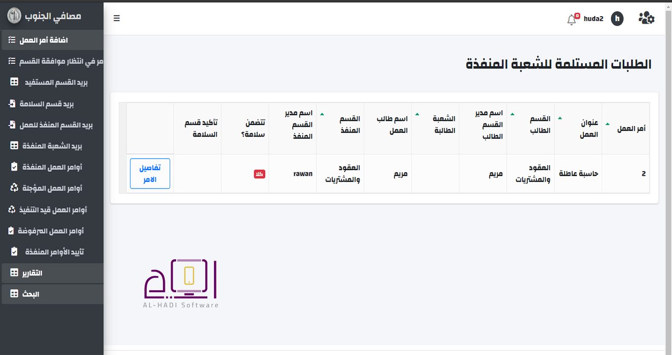 الطلبات المستلمة للشعبة المنفذة